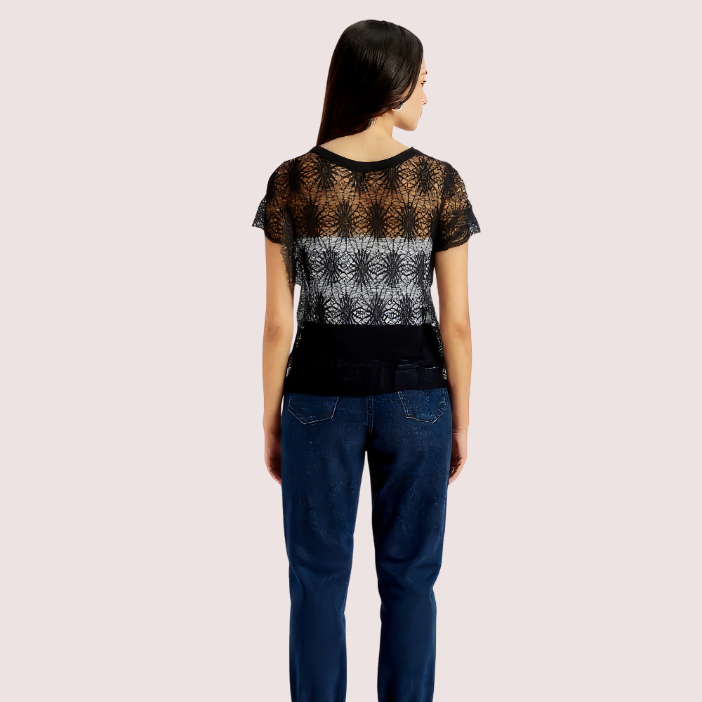 Stylish Black Sheer Floral Lace Top for Women