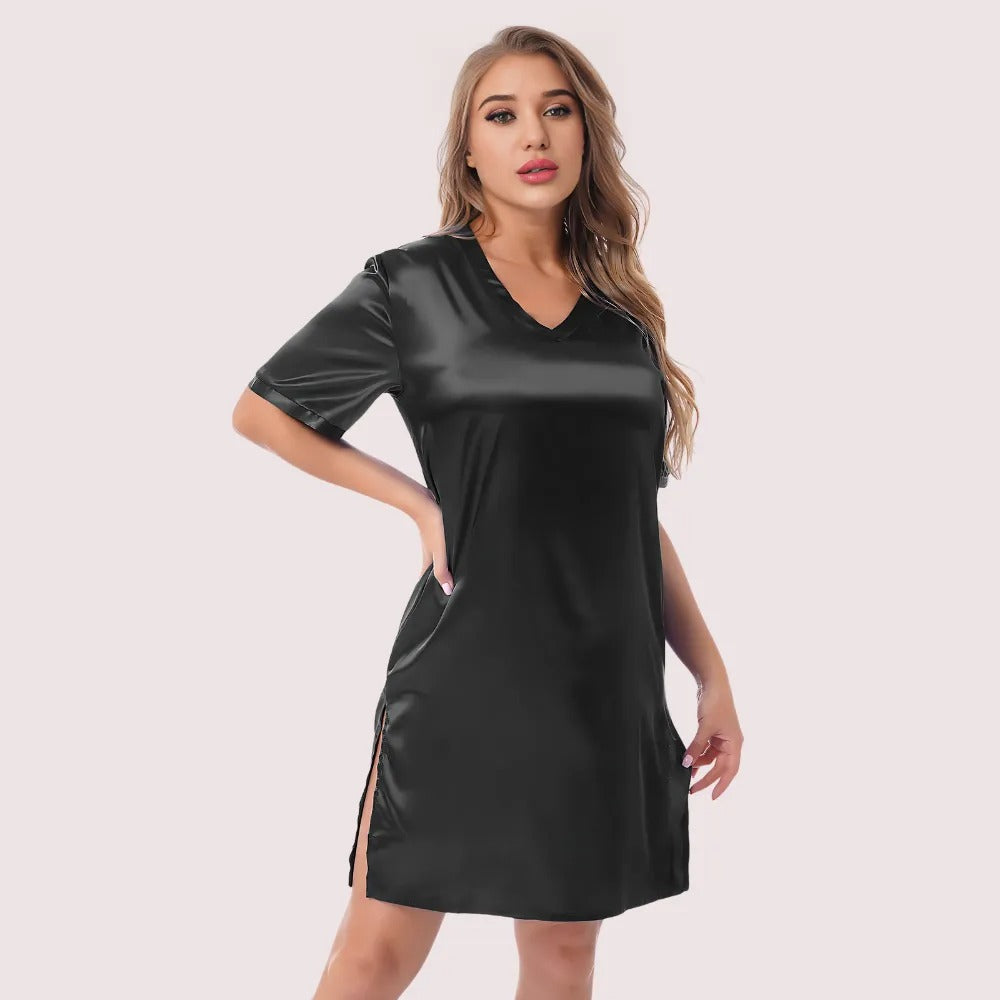 Silk satin sexy black short sleepwear