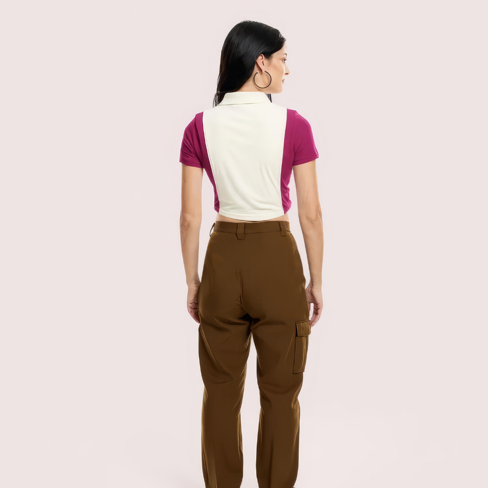 Campus Cool Zip Polo Crop Top – Maroon & White