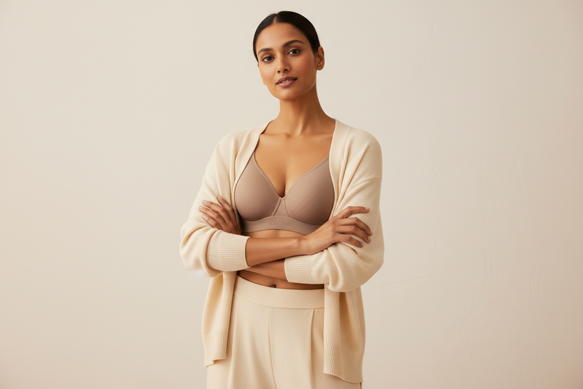 Modern Indian woman wearing a comfortable everyday bra under a soft neutral outfit, minimal background, clean lighting, premium lingerie brand aesthetic, confidence-focused pose, studio photography style