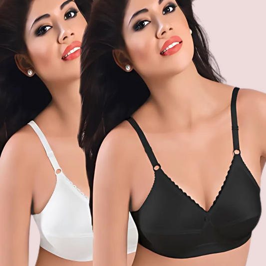 Plus Size- Pack Of 2 Black & White Cotton Front Bras