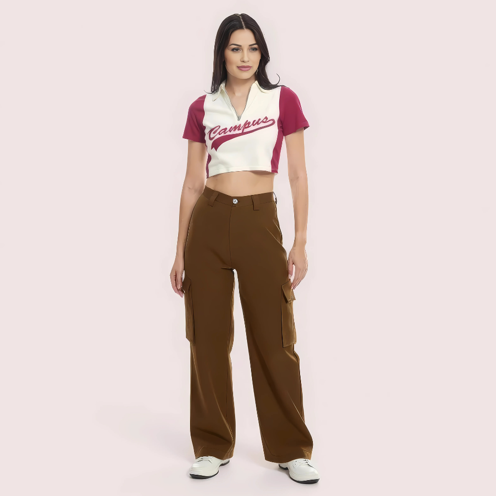 Campus Cool Zip Polo Crop Top – Maroon & White