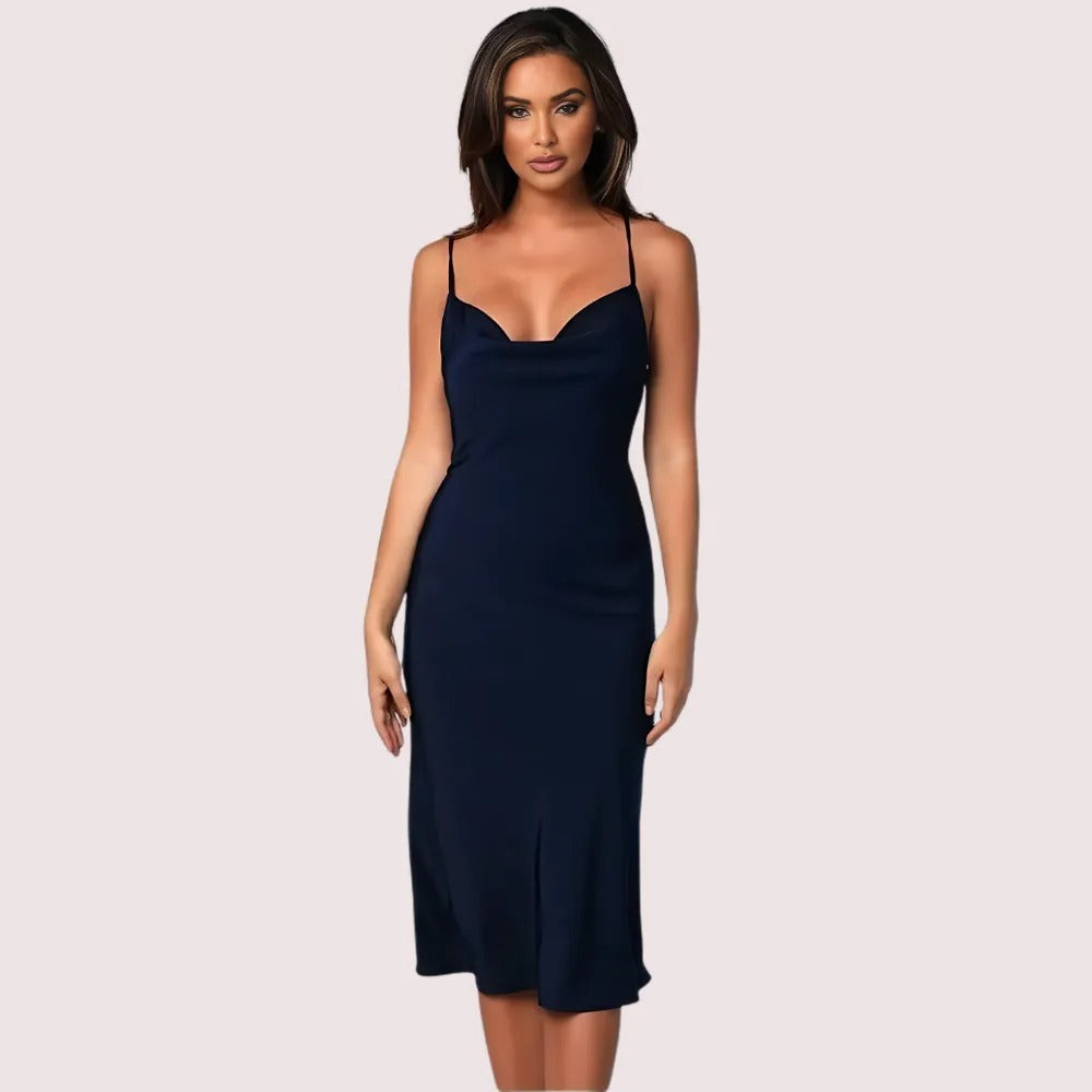 Navy Satin Cowl Neck Midi Dress