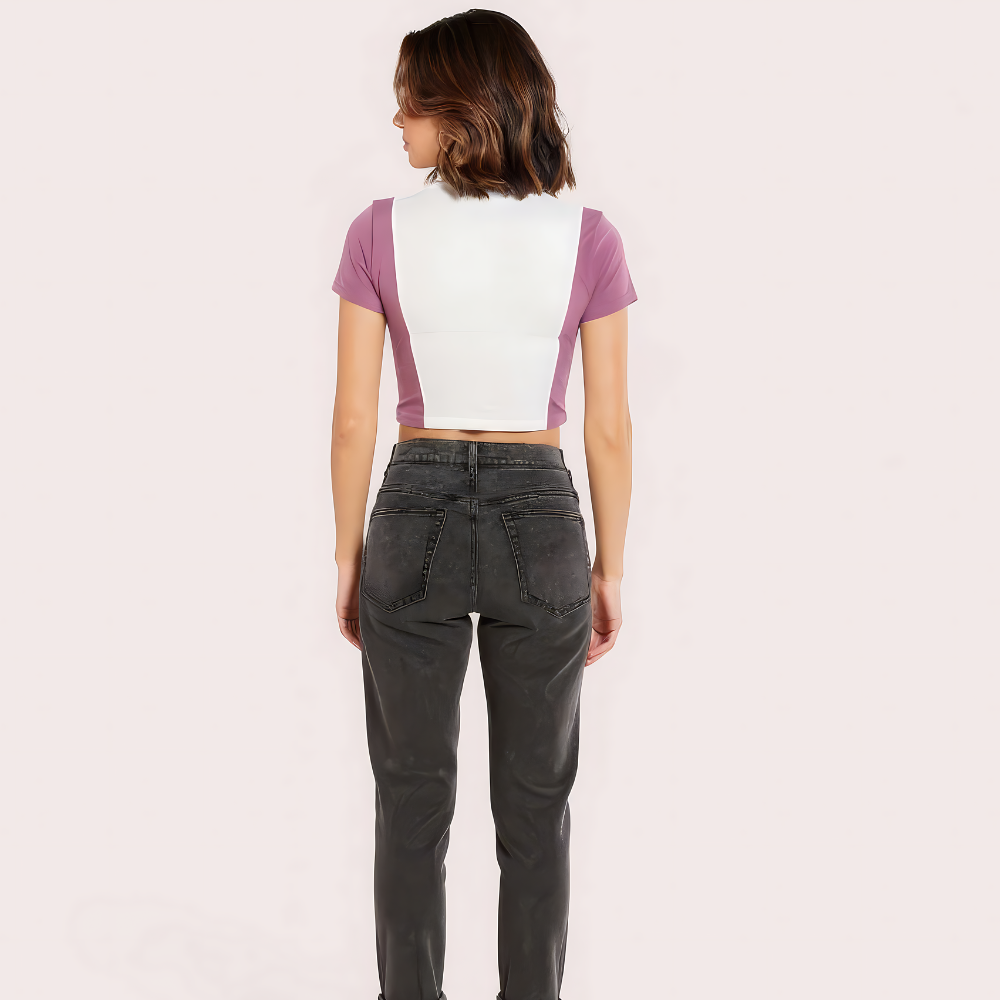 Campus Vibes Colorblock Zip Crop Top – Lilac & White