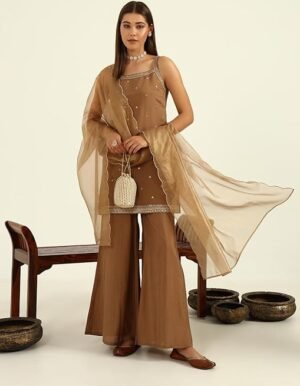 FIORRA Women's Brown Viscose Chanderi Straight Kurta with Palazzo and Dupatta